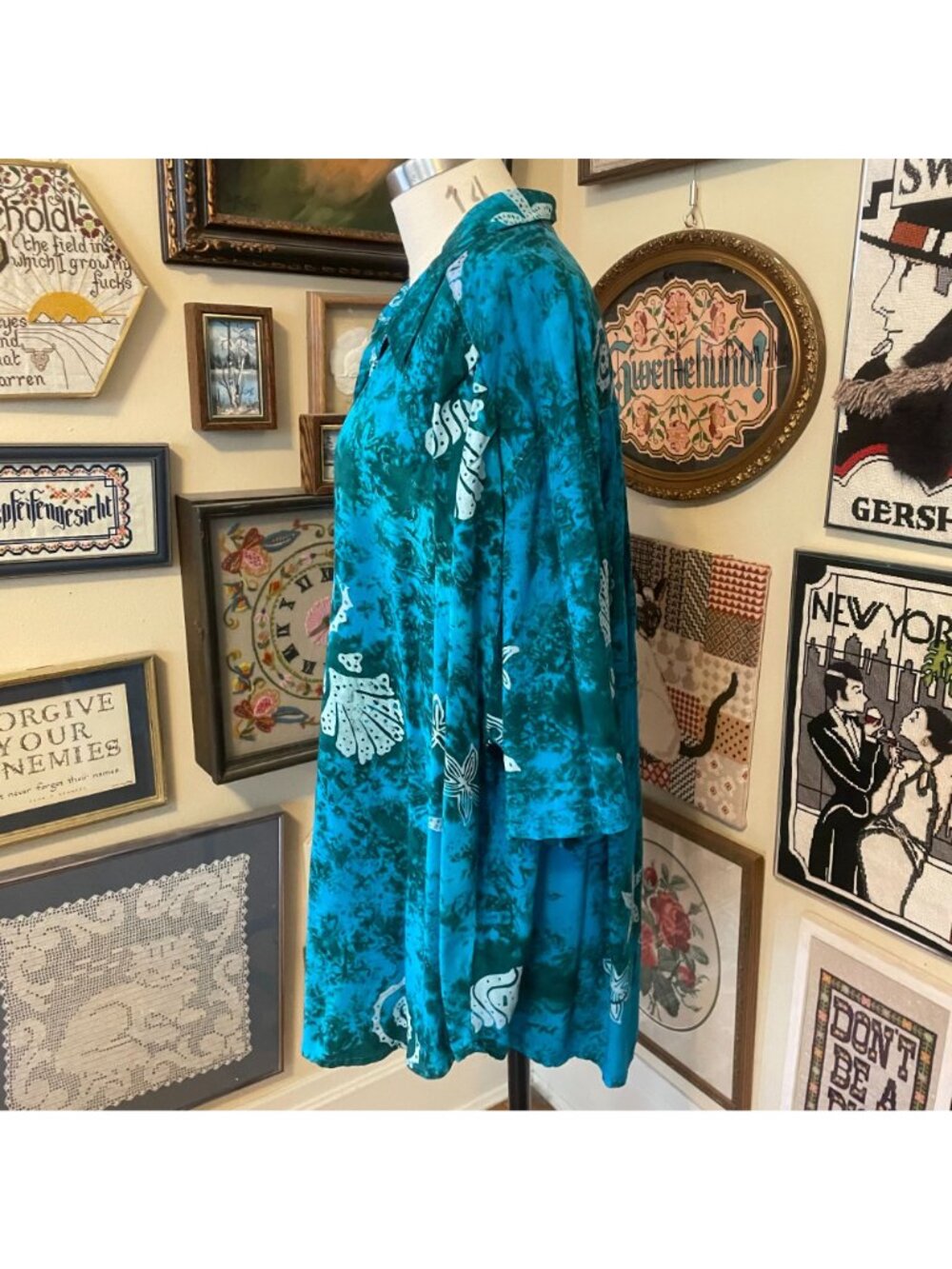 We Be Bop Womens Turquoise & White Batik Print Button-Down Rayon Shirt Size 3X - Picture 2 of 4